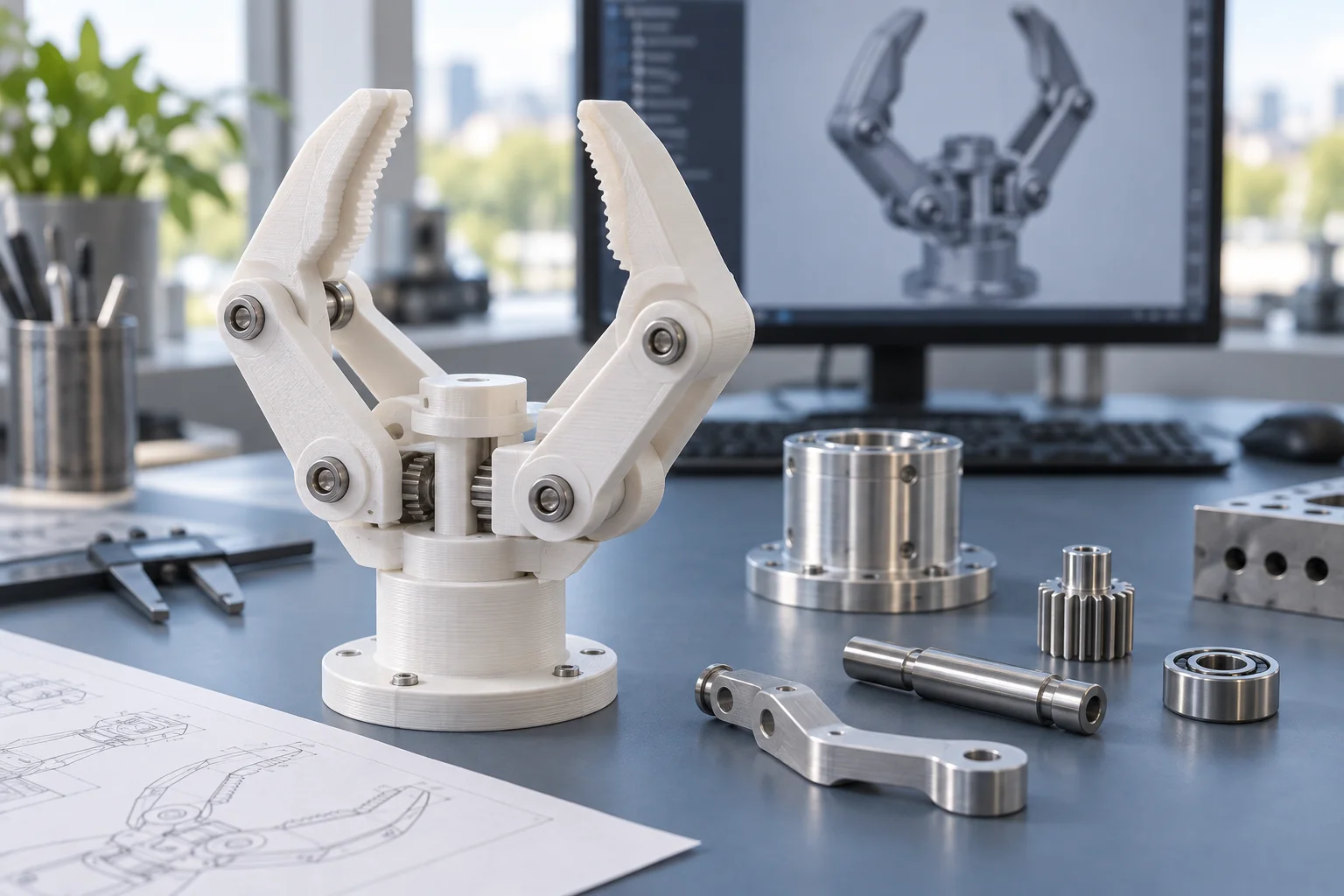 Illustrasjon av en 3D-printet mekanisk prototype og maskinerte deler