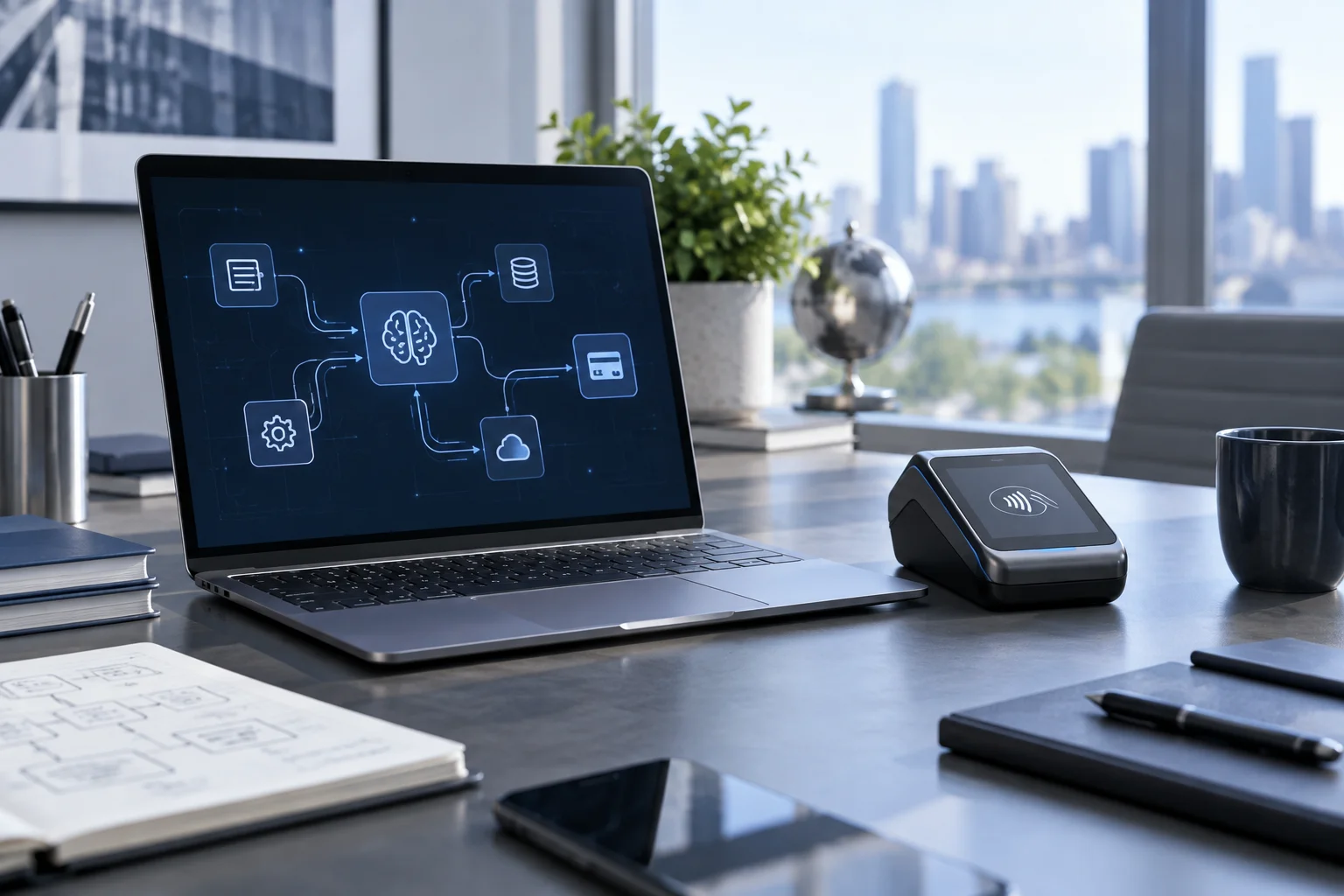 Illustrasjon av en datamaskin med digitale arbeidsflyter og en betalingsterminal